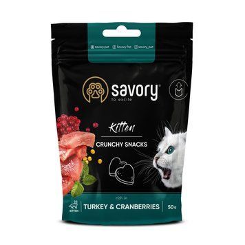 Хрусткі ласощі Savory для здорового росту кошенят, індичка та журавлина 31393 фото